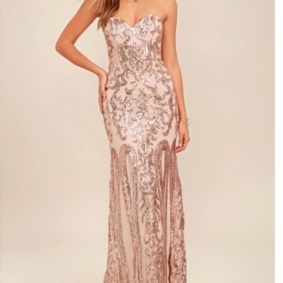 LULU's NWT - Rebecca Rose Gold Strapless Sequin Maxi Dress - Picture 1 of 6